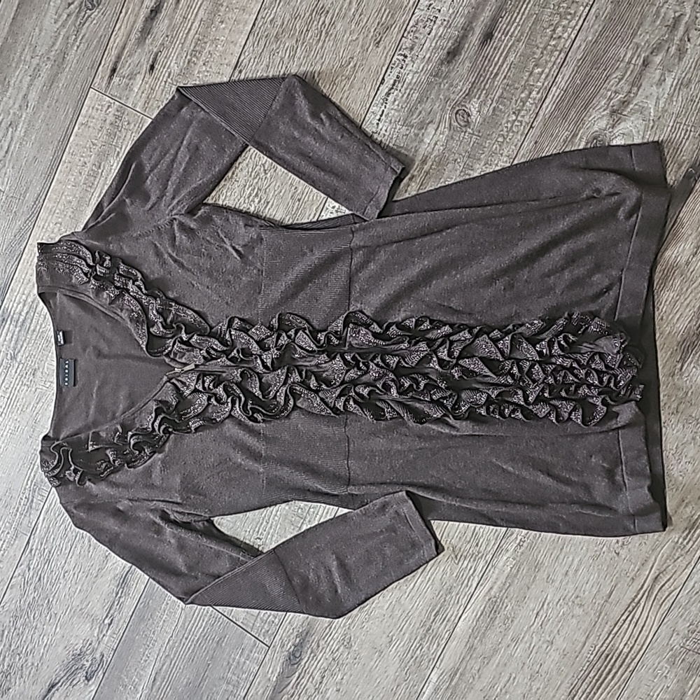 Tribal Sweater Ruffle Sweet Jacket Zip Front Size M Brown Sparkle Knit C…